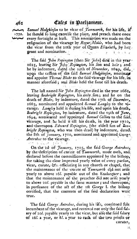 Reports of cases, upon appeals and writs of error, in the High Court of Parliament 1772 p.462